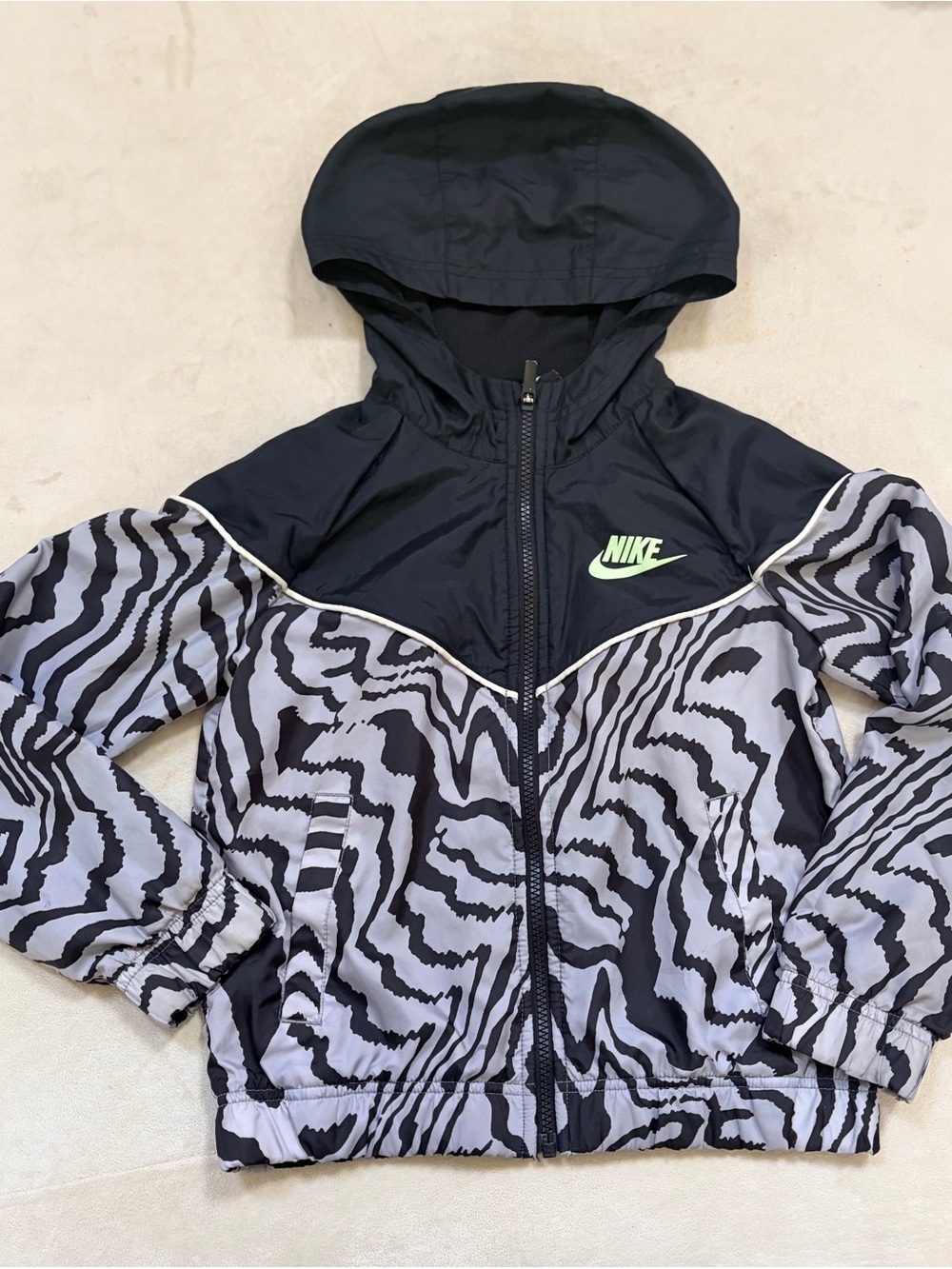 Nike Kids Black and Light Gray Zebra-Print Hooded Jacket with Lime Logo